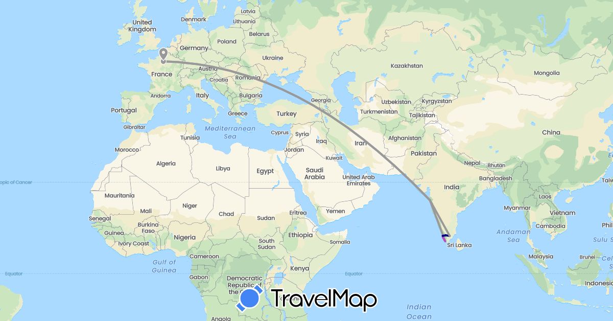 TravelMap itinerary: driving, plane, train in France, India (Asia, Europe)